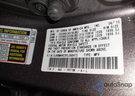 2015 Honda Cr-V Lx z USA, uszkodzony, nr VIN 5J6RM4H33FL086472